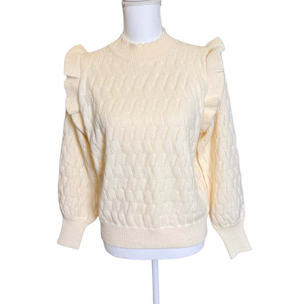 FRNCH Paris Cream Ruffle Shoulder Mock Neck Sweater Size S - Picture 2 of 8